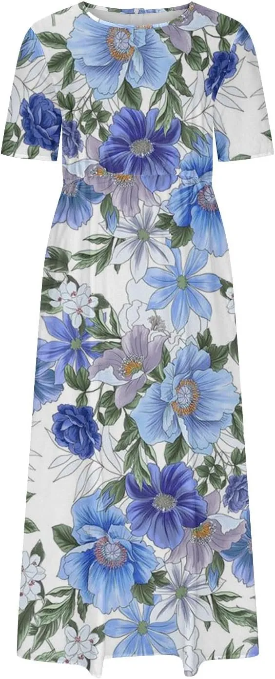 Formal Dresses for Women 2025 Crew Neck Floral Beach Dresses Summer Vacation Casual Loose Sundress with Pockets