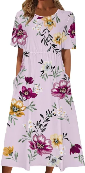 Formal Dresses for Women 2025 Crew Neck Floral Beach Dresses Summer Vacation Casual Loose Sundress with Pockets