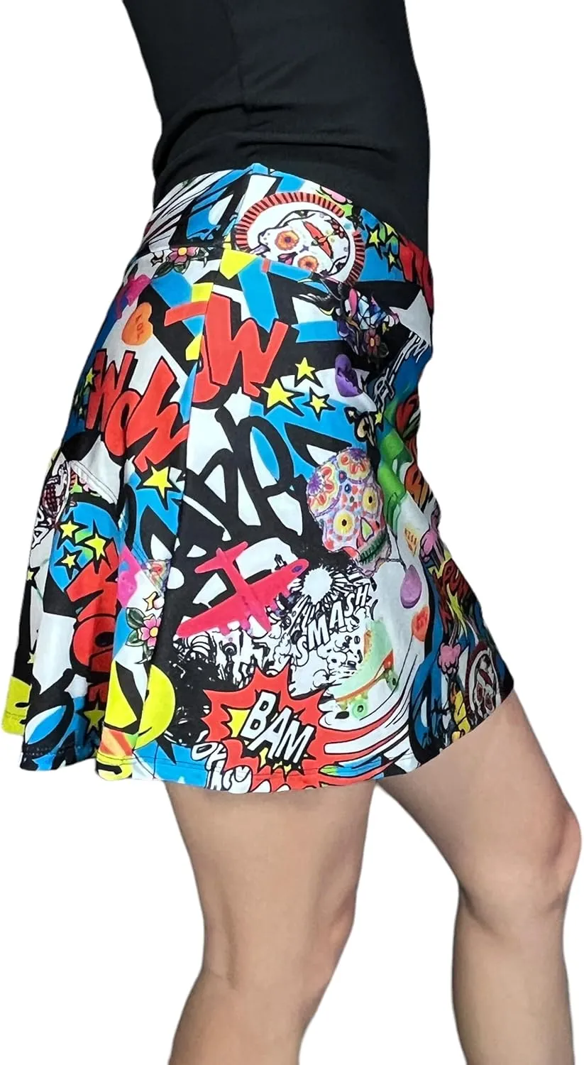 Fun Graffiti Print Flutter Style Golf Tennis Pickleball Skort/Skirt w/Shorts & Pockets