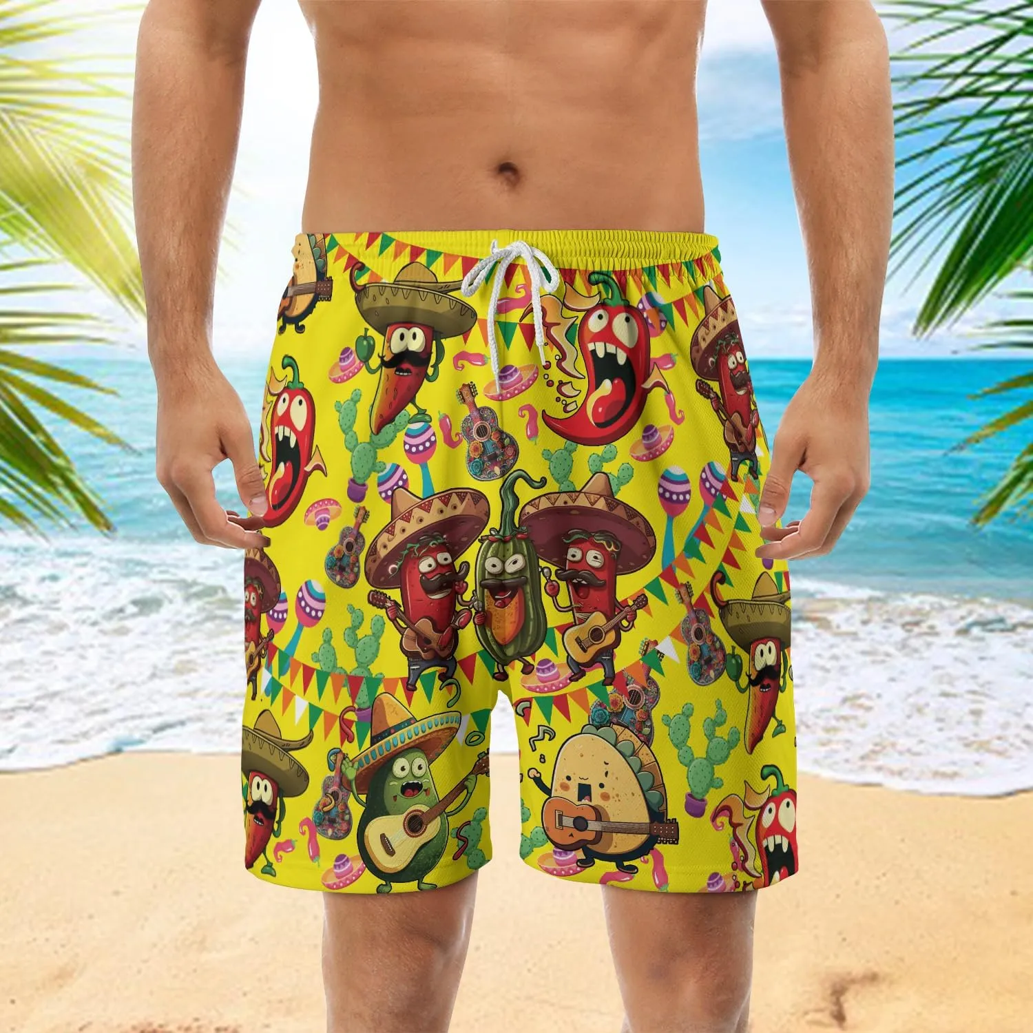 Funny Mens Swim Trunks - Taco Swimming Trunks for Men - Cinco De Mayo Drawstring Beach Shorts, Mens Swim Shorts S17