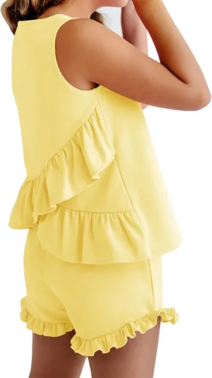 Haloumoning Girls Summer Clothing Sets Ruffle Tank Tops and Shorts Cute 2 Piece Outfits 3-10 Years