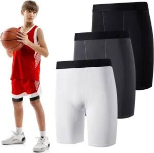 Hoolerry 3 Pcs Youth Boys Compression Shorts Athletic Underwear Sports Performance Boxer Briefs Spandex Underwear for Running