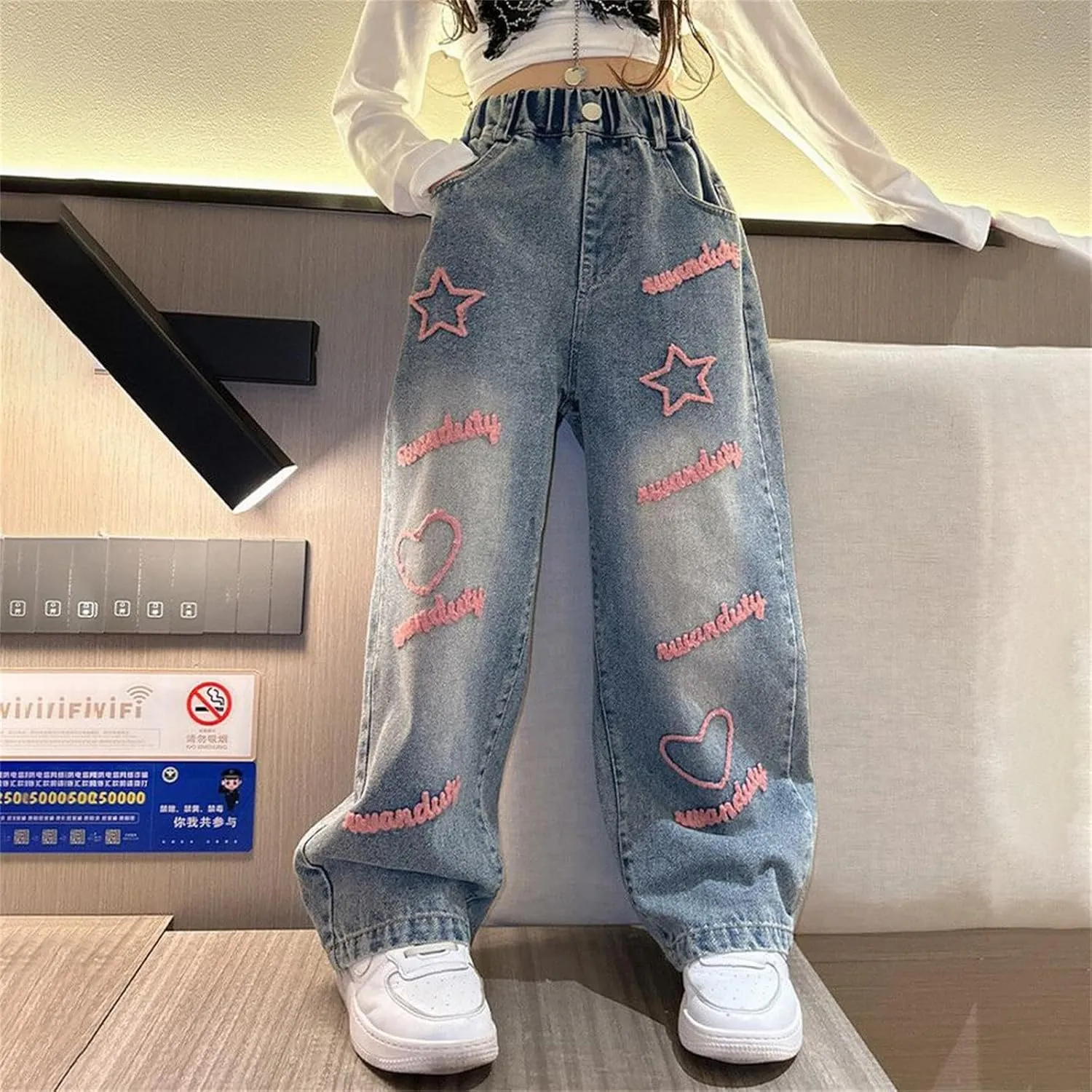 ink Cute Star Jeans for Girls Kids Baggy Wide Leg Denim Pants Kids Casual Spring Streetwear Distressed Trousers