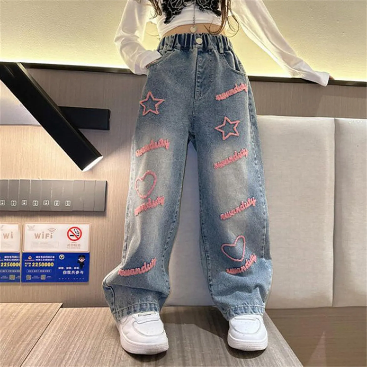 ink Cute Star Jeans for Girls Kids Baggy Wide Leg Denim Pants Kids Casual Spring Streetwear Distressed Trousers