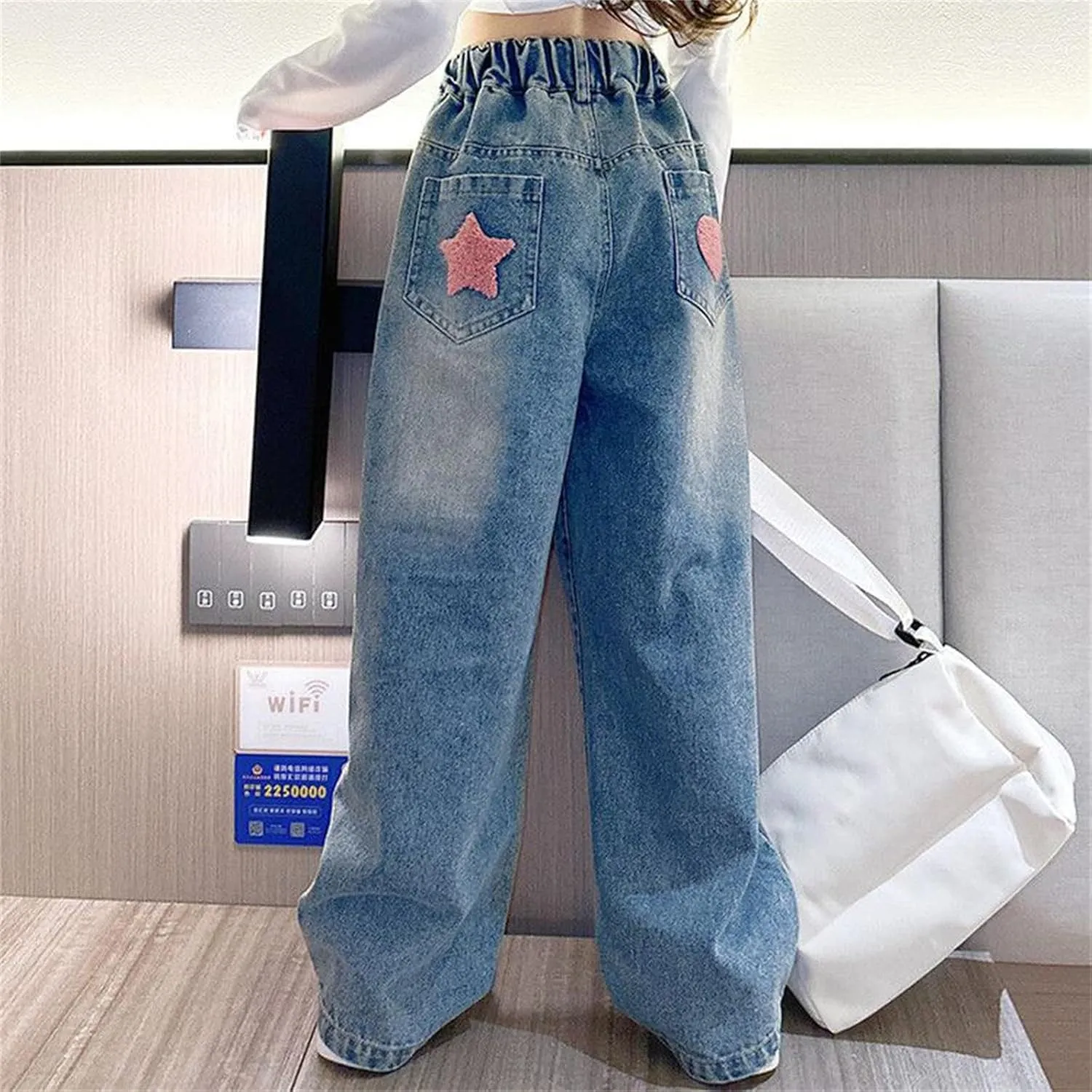 ink Cute Star Jeans for Girls Kids Baggy Wide Leg Denim Pants Kids Casual Spring Streetwear Distressed Trousers