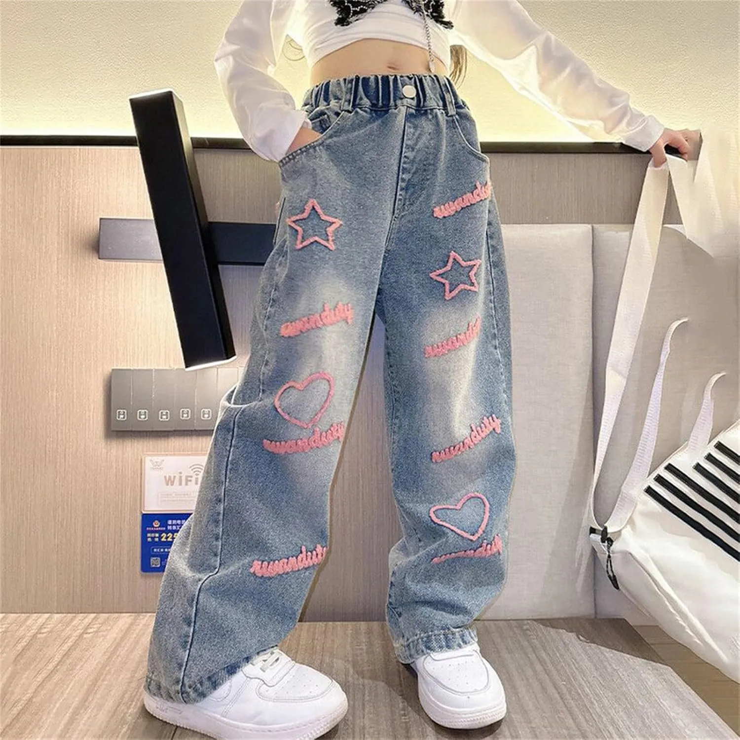 ink Cute Star Jeans for Girls Kids Baggy Wide Leg Denim Pants Kids Casual Spring Streetwear Distressed Trousers