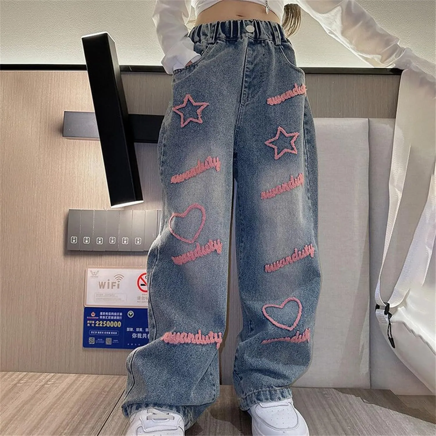 ink Cute Star Jeans for Girls Kids Baggy Wide Leg Denim Pants Kids Casual Spring Streetwear Distressed Trousers