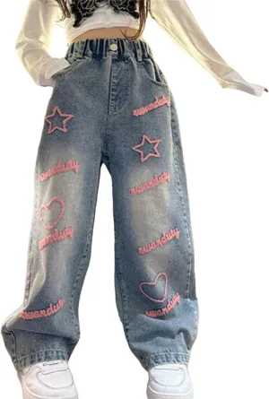ink Cute Star Jeans for Girls Kids Baggy Wide Leg Denim Pants Kids Casual Spring Streetwear Distressed Trousers