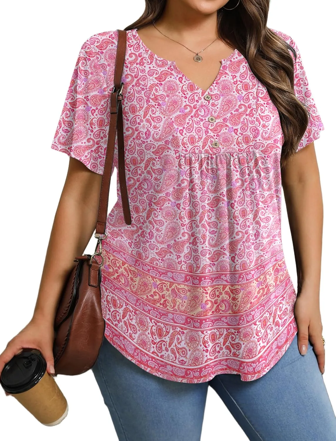 IN'VOLAND Womens Plus Size Tunic Top Summer Short Sleeve T-Shirt V-neck Button Up Dressy Blouse Casual Pleated Pullover 1X-5X