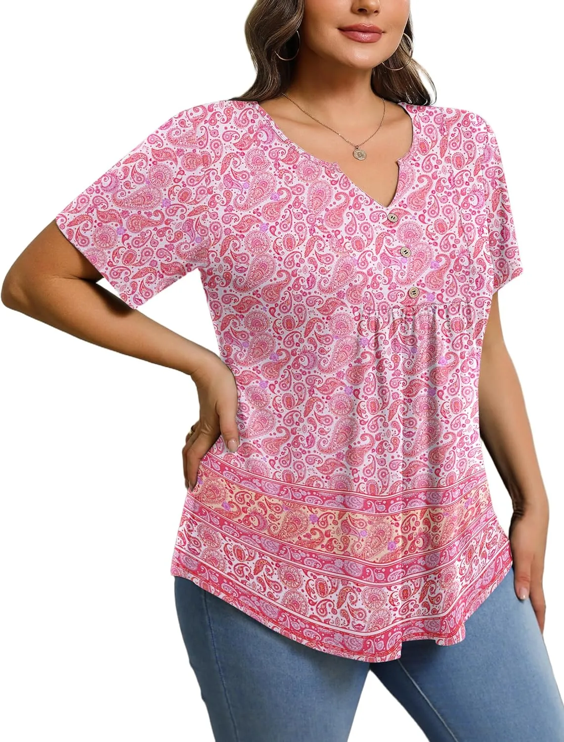 IN'VOLAND Womens Plus Size Tunic Top Summer Short Sleeve T-Shirt V-neck Button Up Dressy Blouse Casual Pleated Pullover 1X-5X