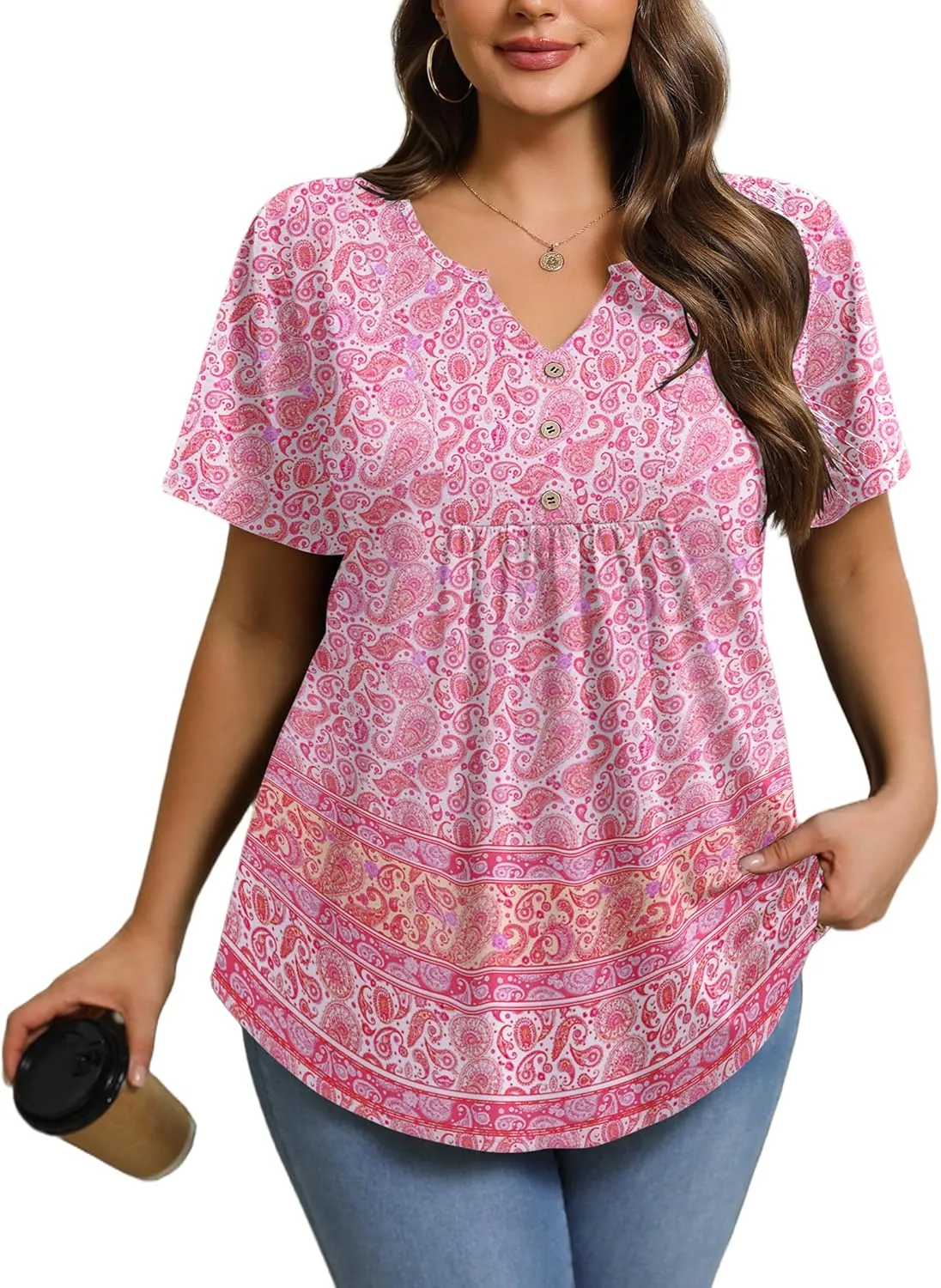 IN'VOLAND Womens Plus Size Tunic Top Summer Short Sleeve T-Shirt V-neck Button Up Dressy Blouse Casual Pleated Pullover 1X-5X
