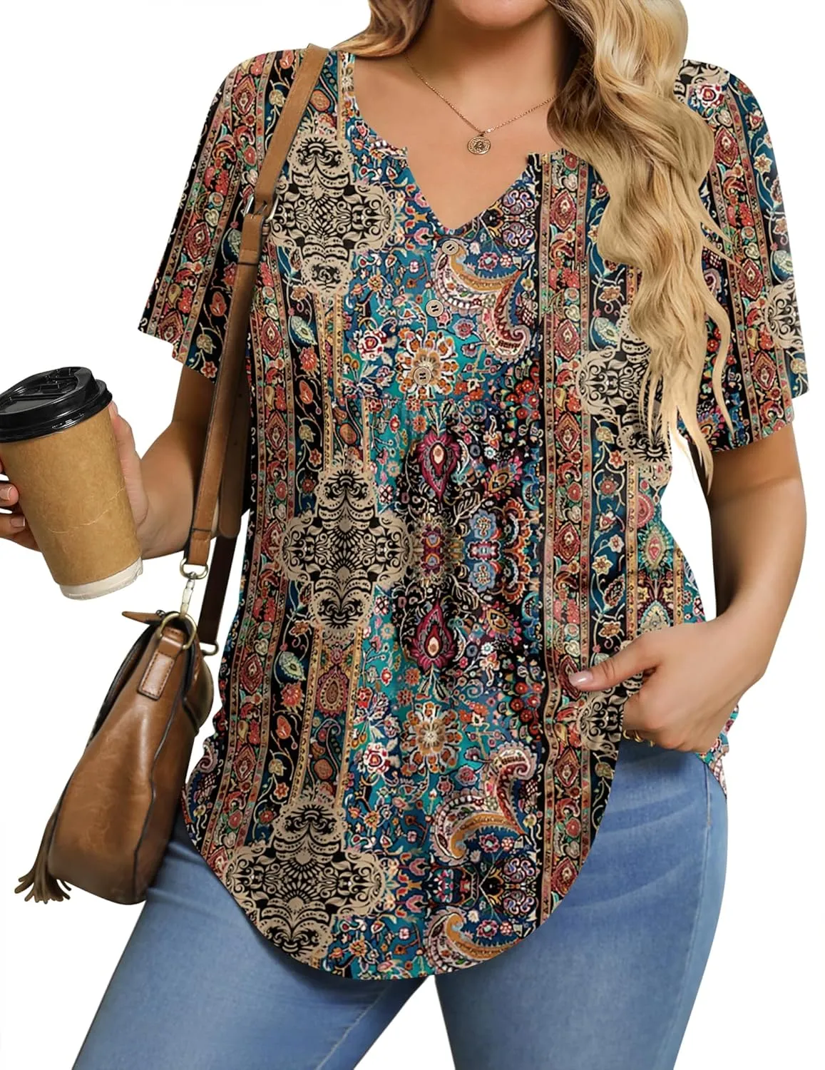 IN'VOLAND Womens Plus Size Tunic Top Summer Short Sleeve T-Shirt V-neck Button Up Dressy Blouse Casual Pleated Pullover 1X-5X