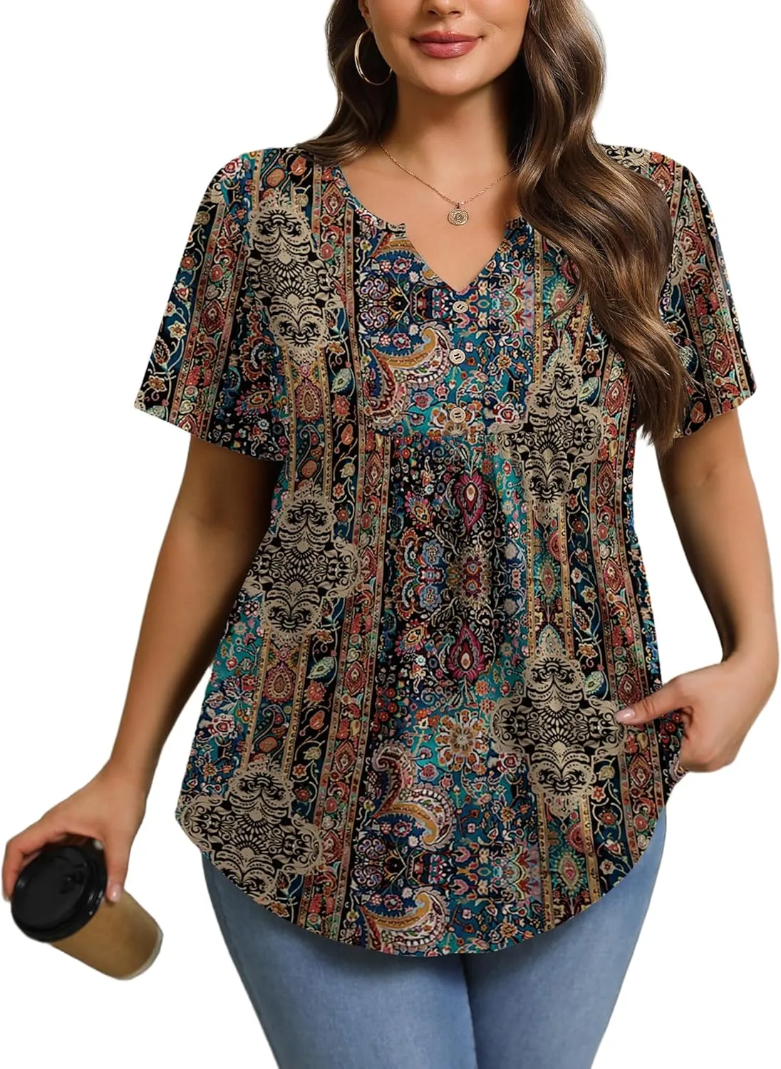IN'VOLAND Womens Plus Size Tunic Top Summer Short Sleeve T-Shirt V-neck Button Up Dressy Blouse Casual Pleated Pullover 1X-5X