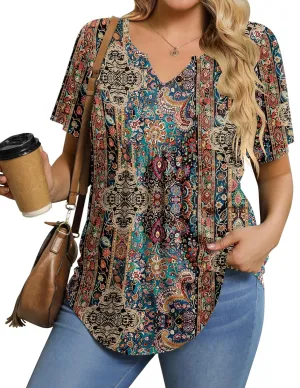 IN'VOLAND Womens Plus Size Tunic Top Summer Short Sleeve T-Shirt V-neck Button Up Dressy Blouse Casual Pleated Pullover 1X-5X