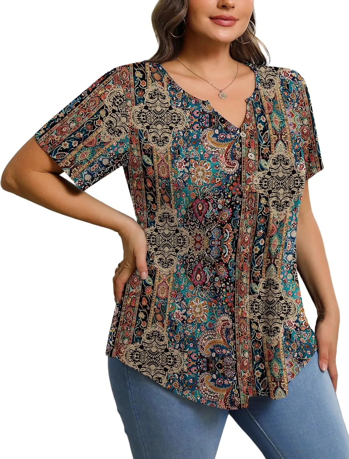 IN'VOLAND Womens Plus Size Tunic Top Summer Short Sleeve T-Shirt V-neck Button Up Dressy Blouse Casual Pleated Pullover 1X-5X