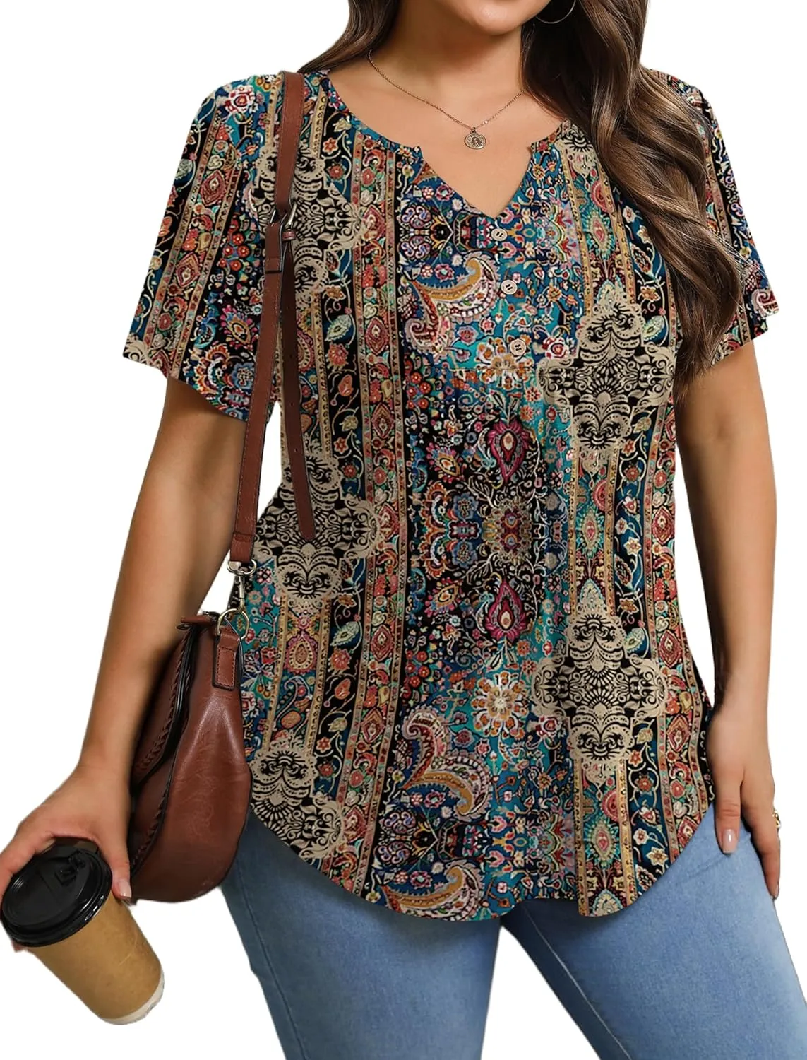 IN'VOLAND Womens Plus Size Tunic Top Summer Short Sleeve T-Shirt V-neck Button Up Dressy Blouse Casual Pleated Pullover 1X-5X