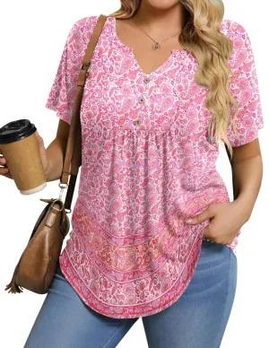 IN'VOLAND Womens Plus Size Tunic Top Summer Short Sleeve T-Shirt V-neck Button Up Dressy Blouse Casual Pleated Pullover 1X-5X