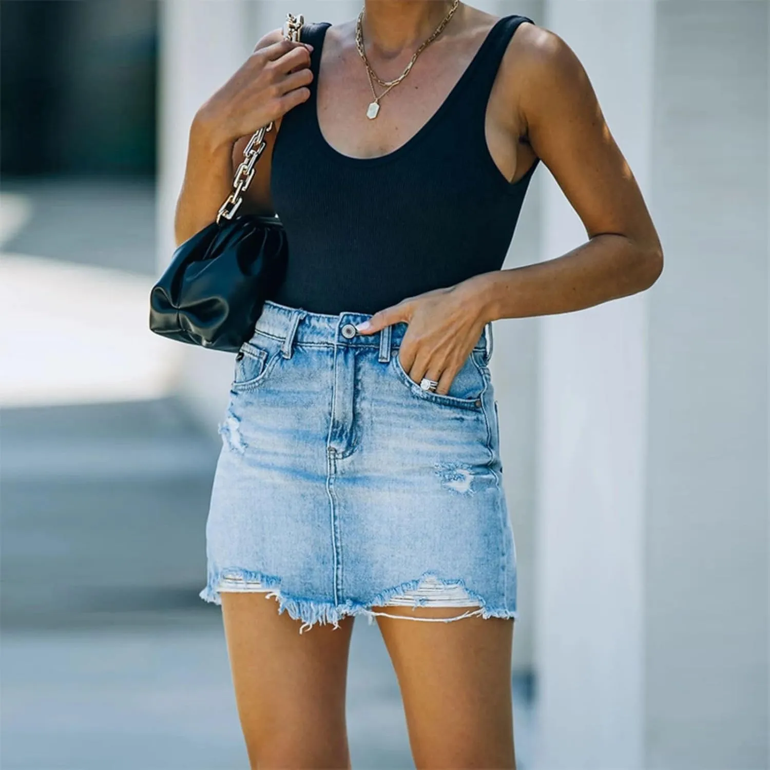 Jean Skirts for Women Denim Skirts High Waisted A-Line Denim Short Dresses Ripped Casual Frayed Raw Hem Jean Shorts