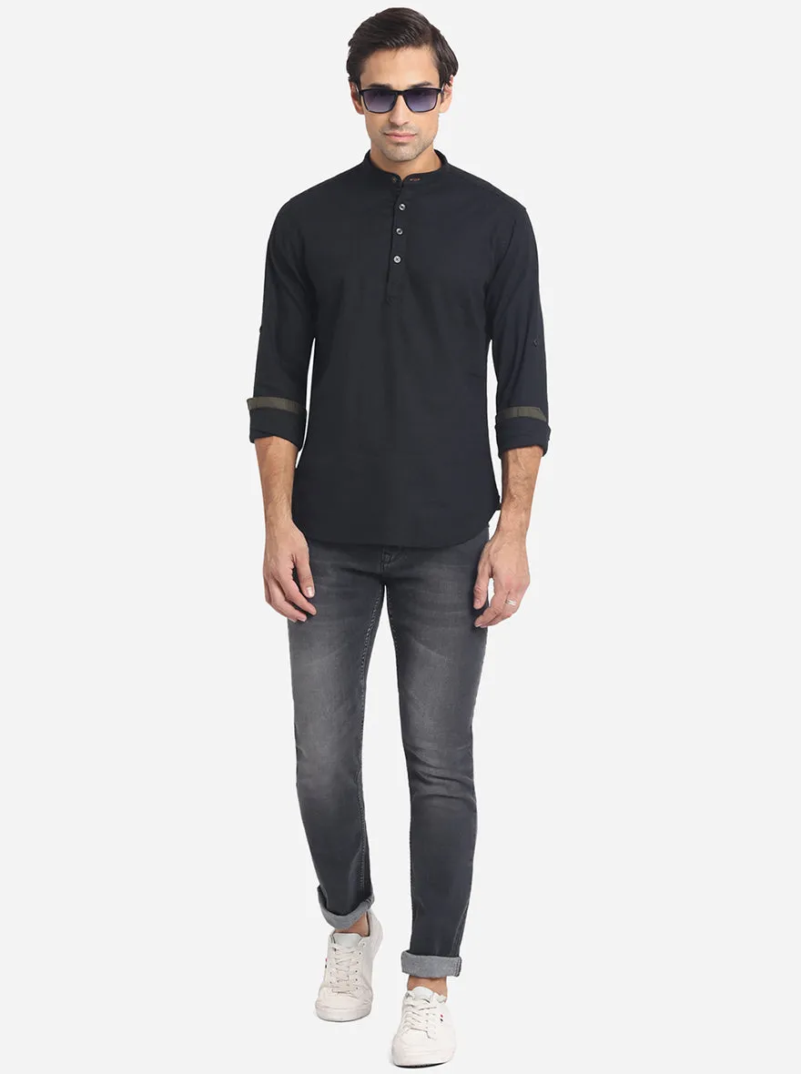 Jet Black Solid Slim Fit Short Kurta | Greenfibre