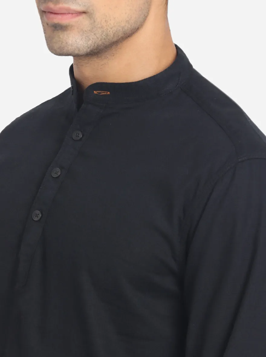 Jet Black Solid Slim Fit Short Kurta | Greenfibre