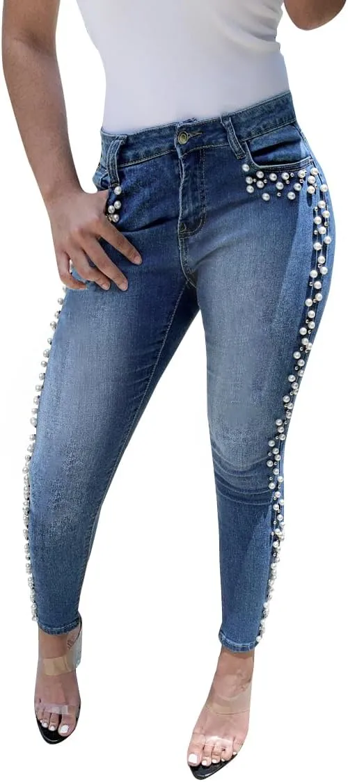 LifeShe Women's Pearls Jeans Mid Waisted Skinny Denim Pants Stretch Slimming Jeggings Plus Size