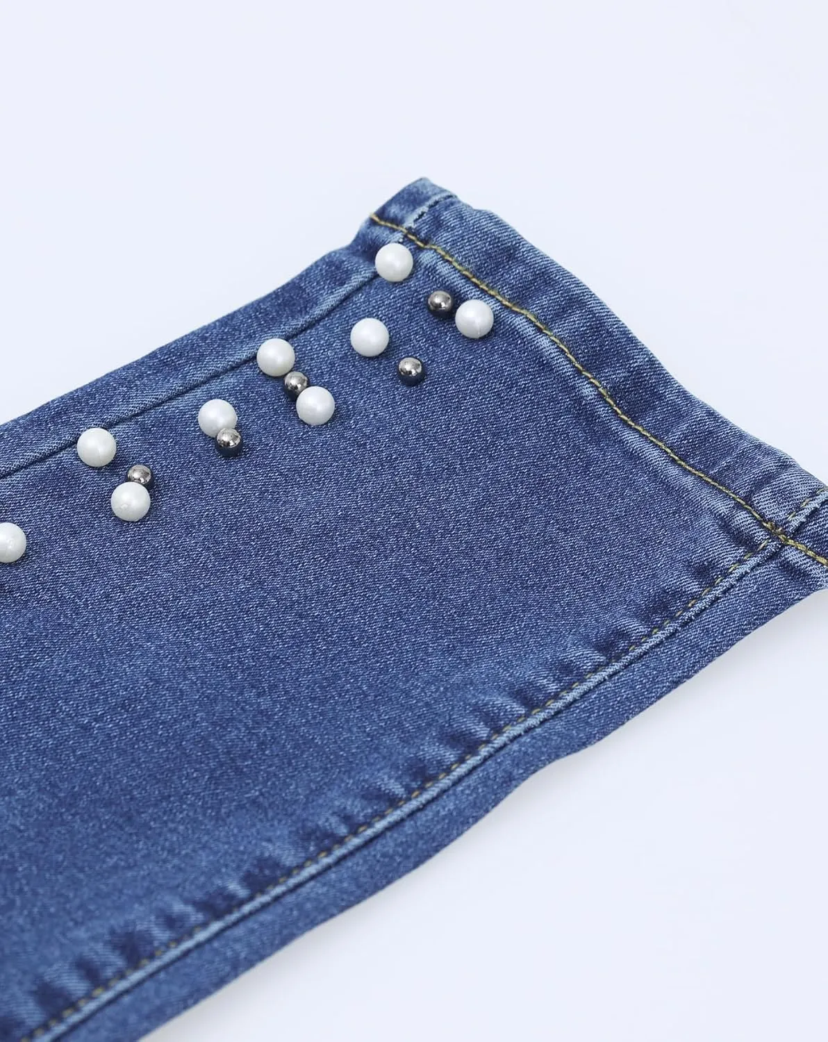 LifeShe Women's Pearls Jeans Mid Waisted Skinny Denim Pants Stretch Slimming Jeggings Plus Size