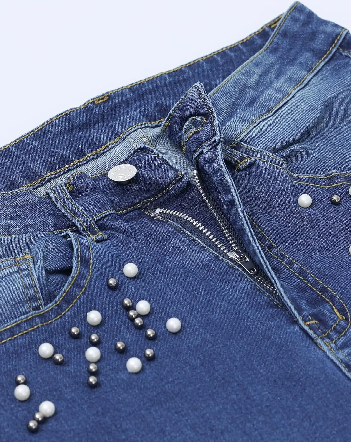 LifeShe Women's Pearls Jeans Mid Waisted Skinny Denim Pants Stretch Slimming Jeggings Plus Size