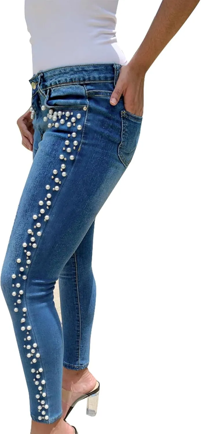 LifeShe Women's Pearls Jeans Mid Waisted Skinny Denim Pants Stretch Slimming Jeggings Plus Size