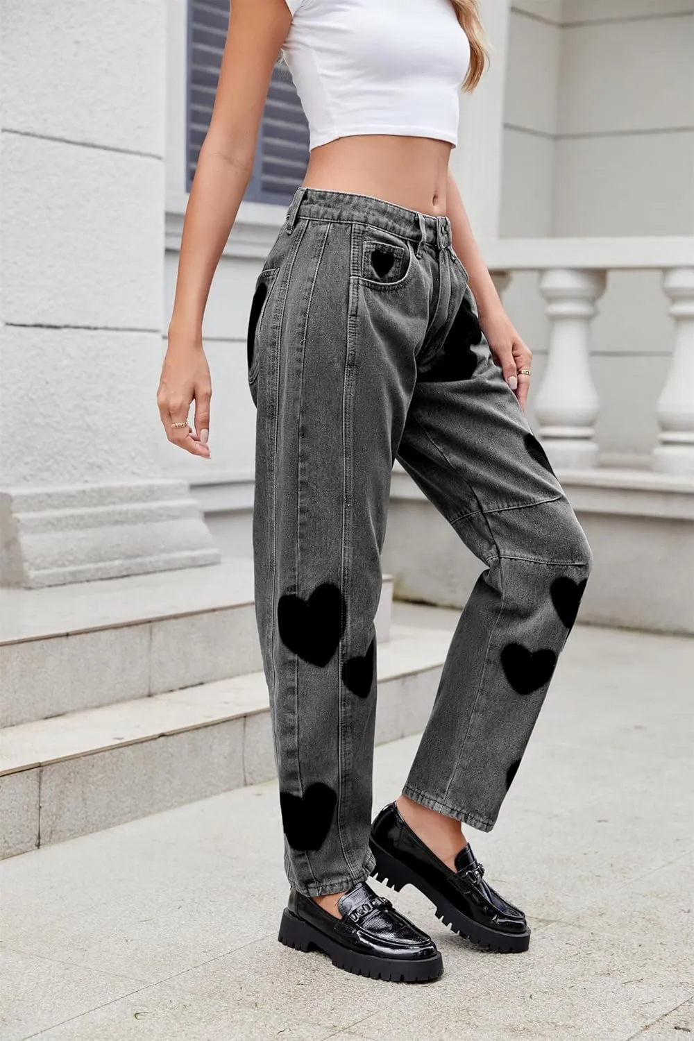 LifeShe Women's Wide Leg Baggy Jeans Low Waist Heart Barrel Loose Denim Pants