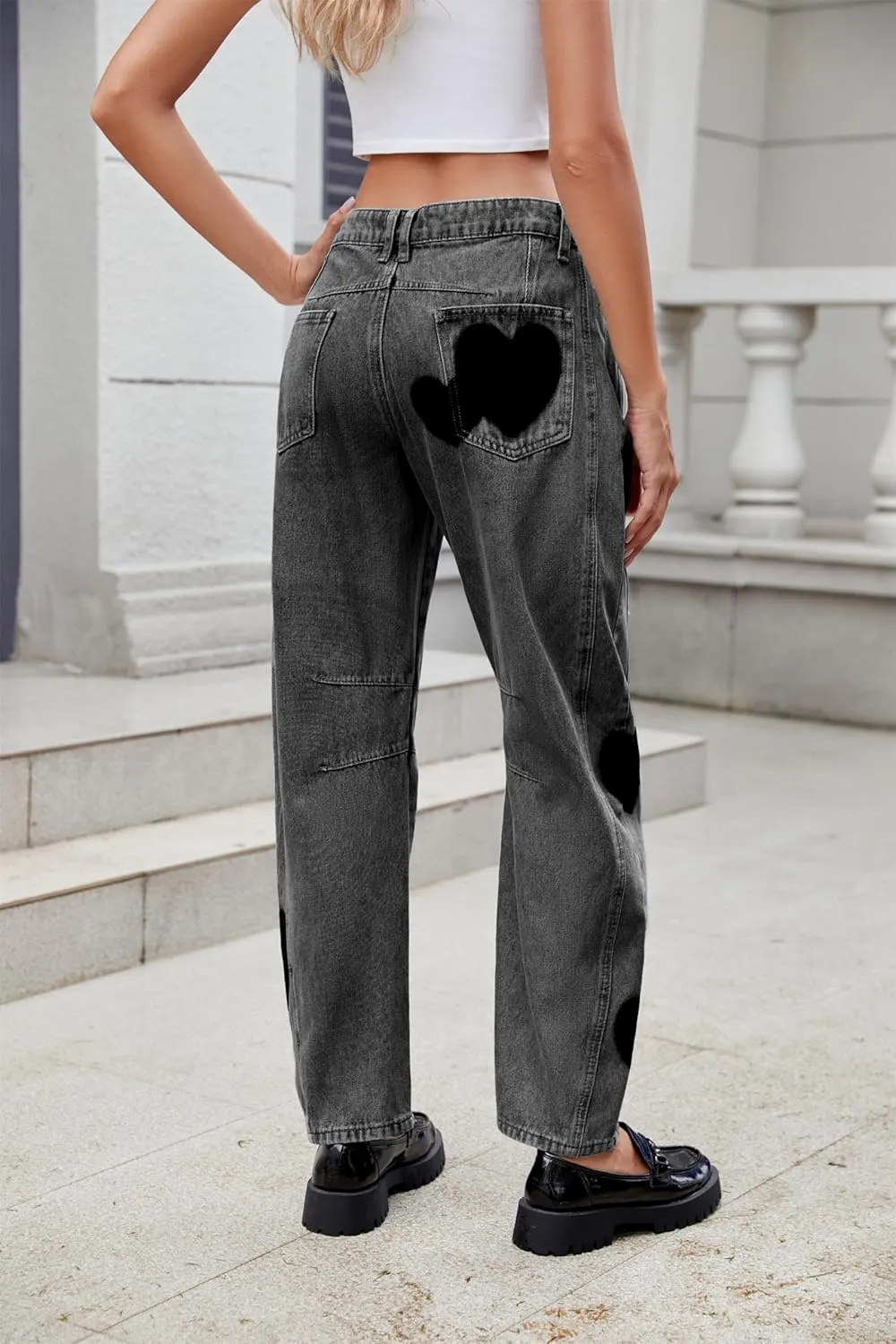 LifeShe Women's Wide Leg Baggy Jeans Low Waist Heart Barrel Loose Denim Pants