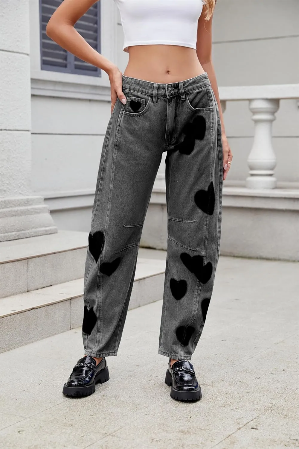 LifeShe Women's Wide Leg Baggy Jeans Low Waist Heart Barrel Loose Denim Pants