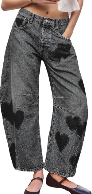 LifeShe Women's Wide Leg Baggy Jeans Low Waist Heart Barrel Loose Denim Pants