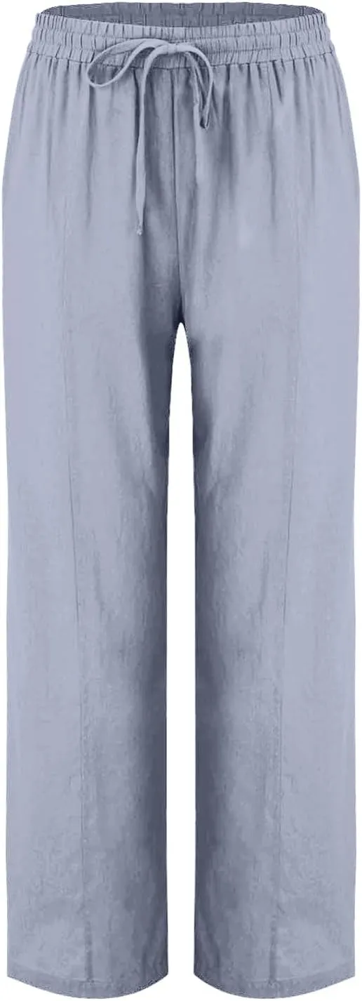 Linen Pants Women Summer Wide Leg Casual Cotton Pants High Waisted Drawstring Lounge Pants Loose Fit Beach Trousers