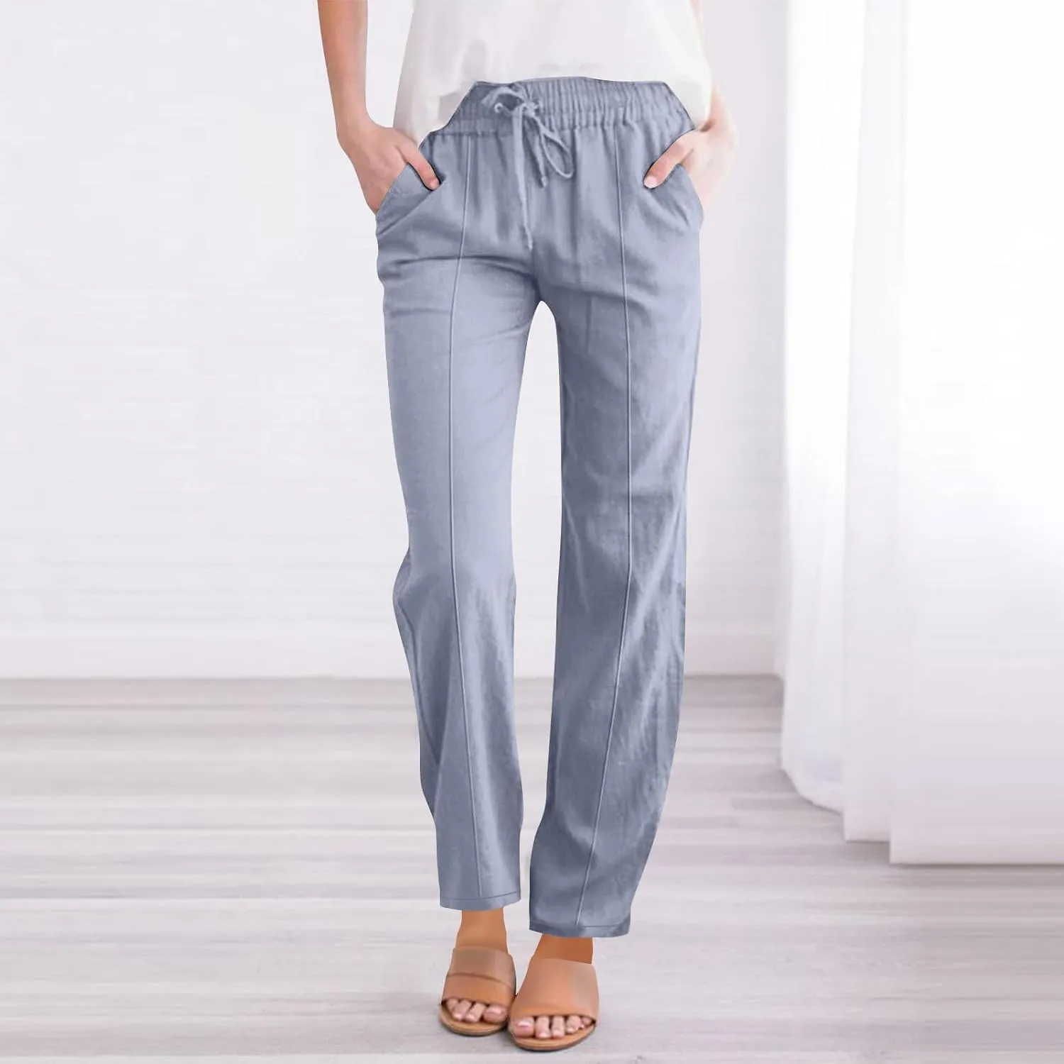 Linen Pants Women Summer Wide Leg Casual Cotton Pants High Waisted Drawstring Lounge Pants Loose Fit Beach Trousers