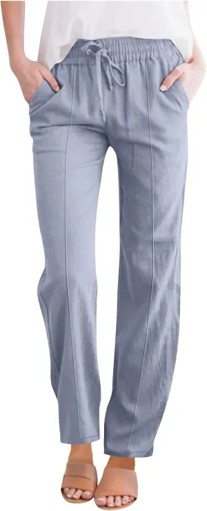 Linen Pants Women Summer Wide Leg Casual Cotton Pants High Waisted Drawstring Lounge Pants Loose Fit Beach Trousers