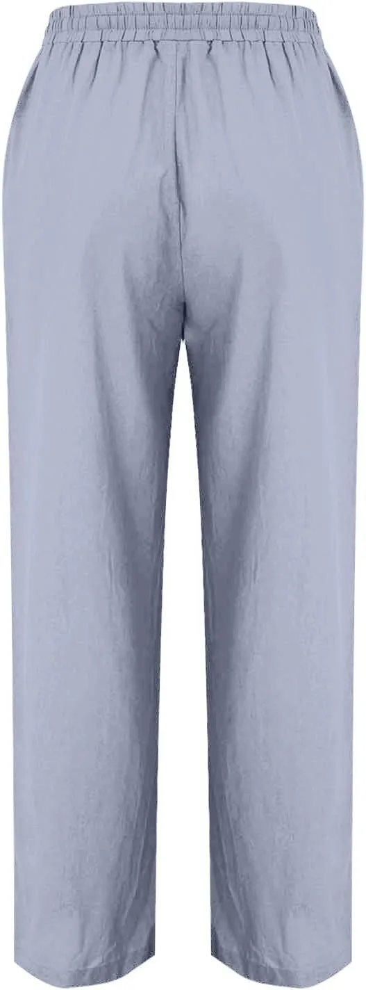Linen Pants Women Summer Wide Leg Casual Cotton Pants High Waisted Drawstring Lounge Pants Loose Fit Beach Trousers