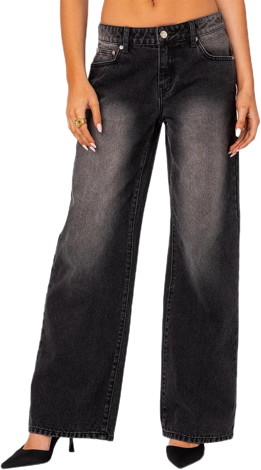 Low Rise Baggy Jeans for Women Y2k Boyfriend Straight Wide Leg Jeans Loose Fit Denim Pants Streetwear