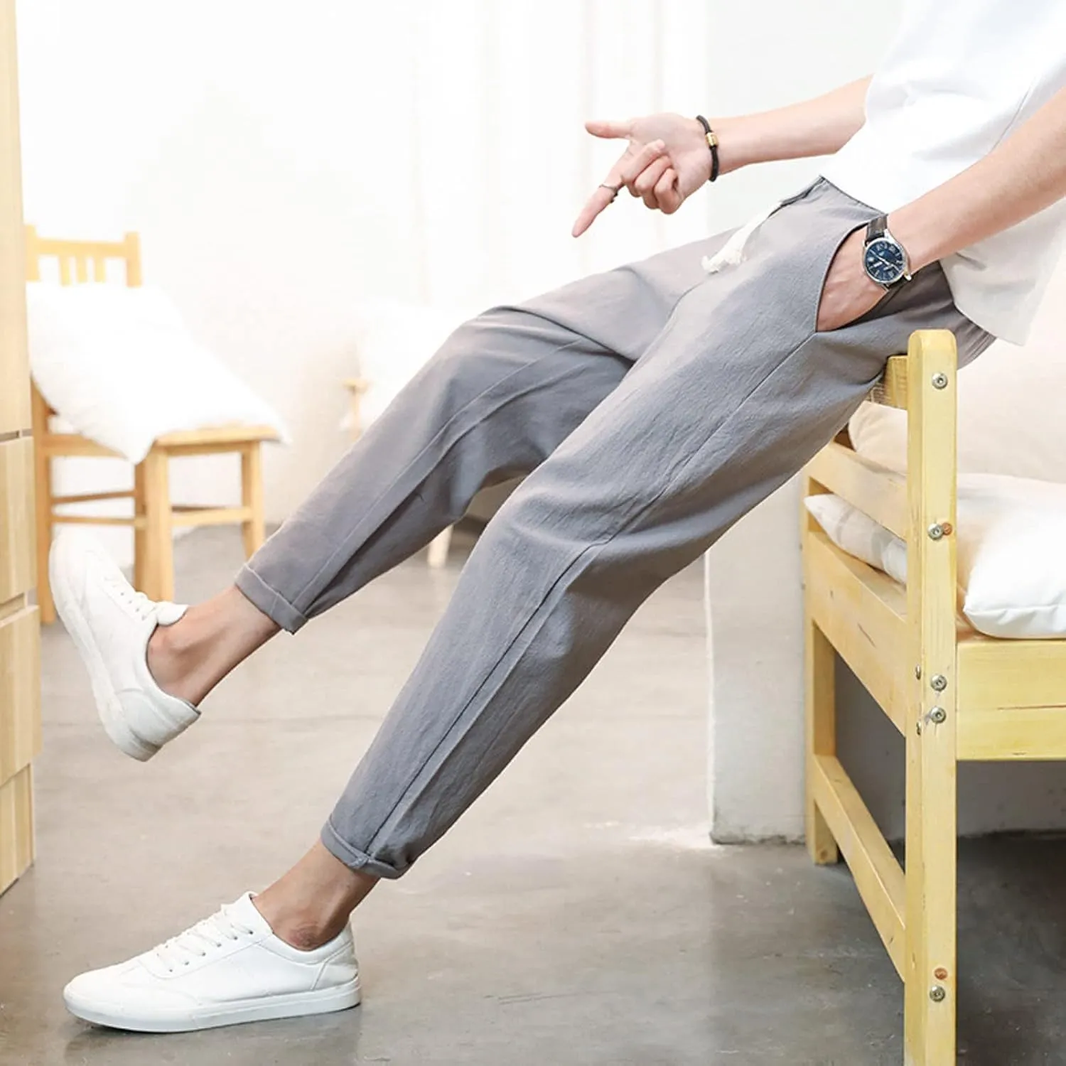 Mens Cotton Linen Pants Casual Elastic Drawstring Waist Lounge Beach Pants Summer Casual Straight Leg Dress Trousers
