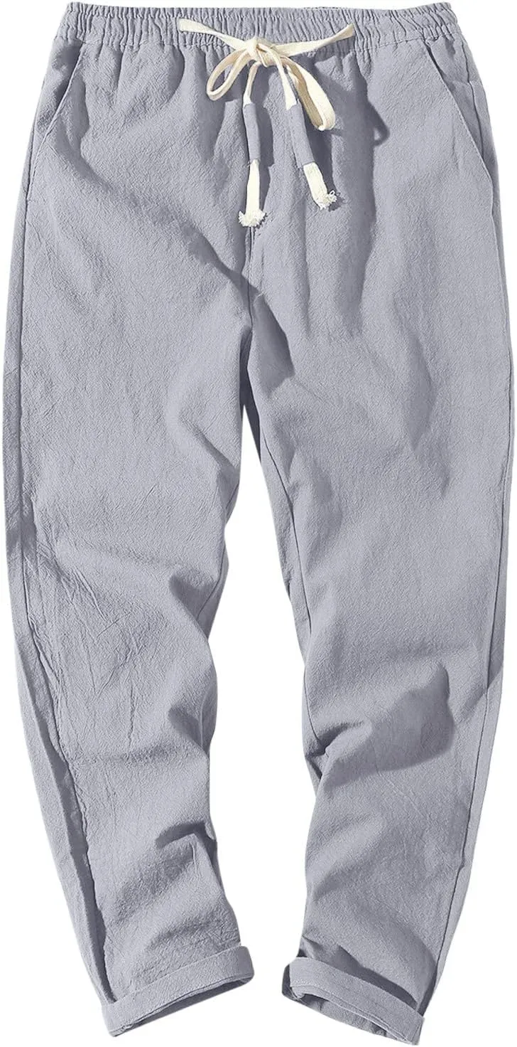 Mens Cotton Linen Pants Casual Elastic Drawstring Waist Lounge Beach Pants Summer Casual Straight Leg Dress Trousers