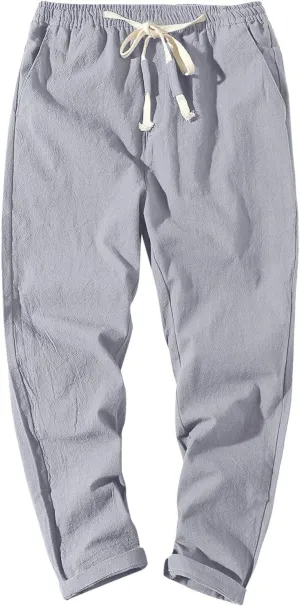 Mens Cotton Linen Pants Casual Elastic Drawstring Waist Lounge Beach Pants Summer Casual Straight Leg Dress Trousers