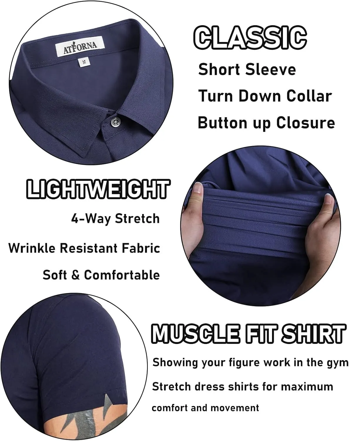 Men's Muscle Dress Shirts Solid Short Sleeve Dress Shirts Athletic Slim Fit Stretch Business Casual Button Down Shirt