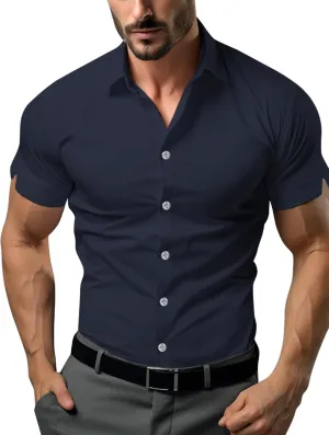 Men's Muscle Dress Shirts Solid Short Sleeve Dress Shirts Athletic Slim Fit Stretch Business Casual Button Down Shirt