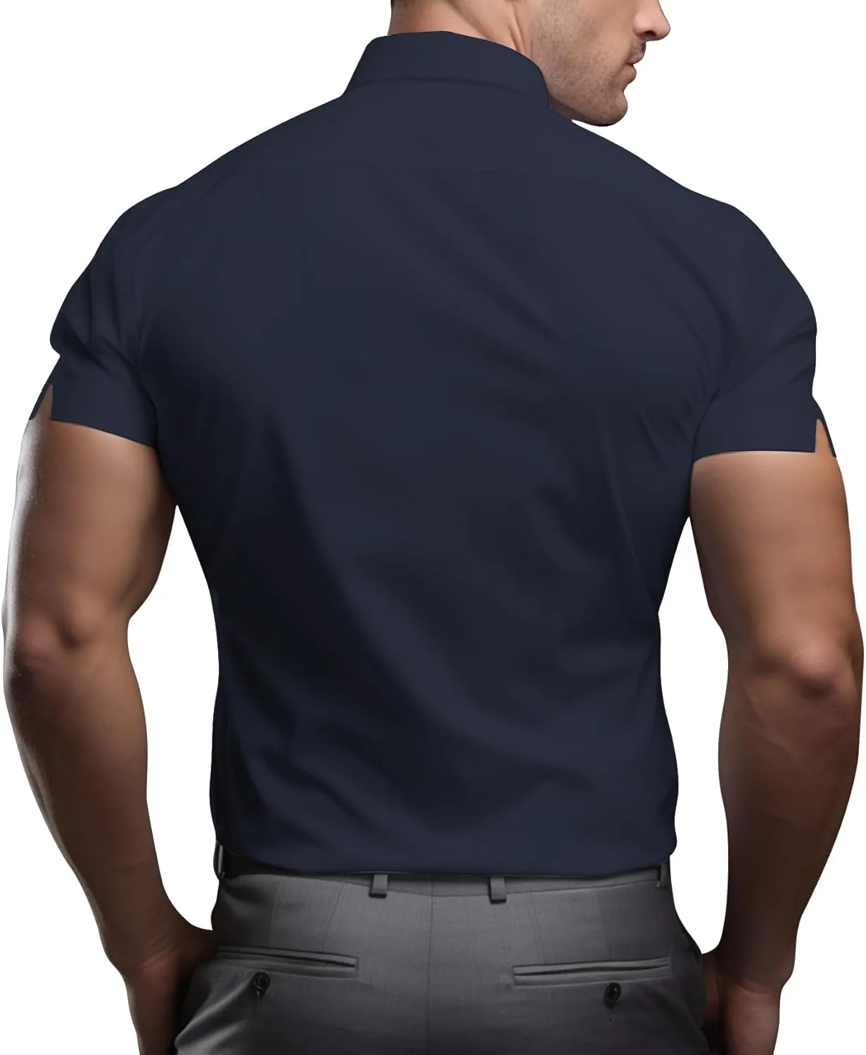 Men's Muscle Dress Shirts Solid Short Sleeve Dress Shirts Athletic Slim Fit Stretch Business Casual Button Down Shirt