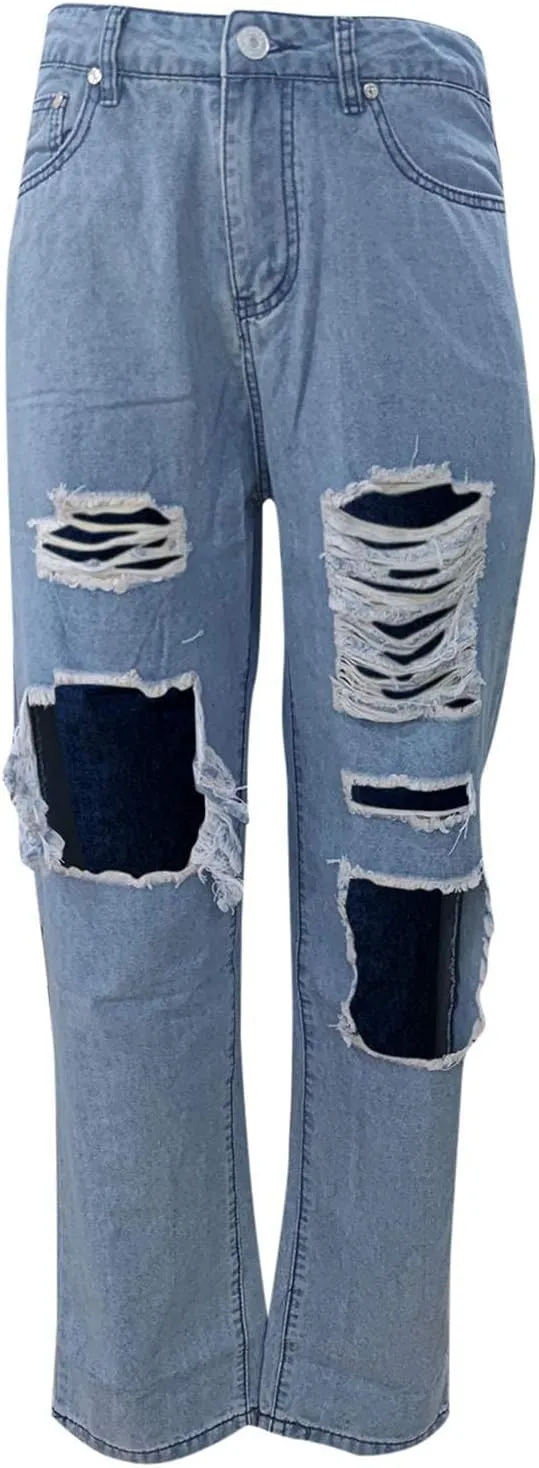 Mxiqqpltky Women Ripped Boyfriend Jeans High Waist Baggy Plus Size Aesthetics Wide Leg Denim Pants Distressed Y2K Streetwear