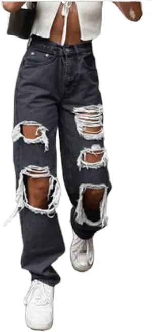 Mxiqqpltky Women Ripped Boyfriend Jeans High Waist Baggy Plus Size Aesthetics Wide Leg Denim Pants Distressed Y2K Streetwear