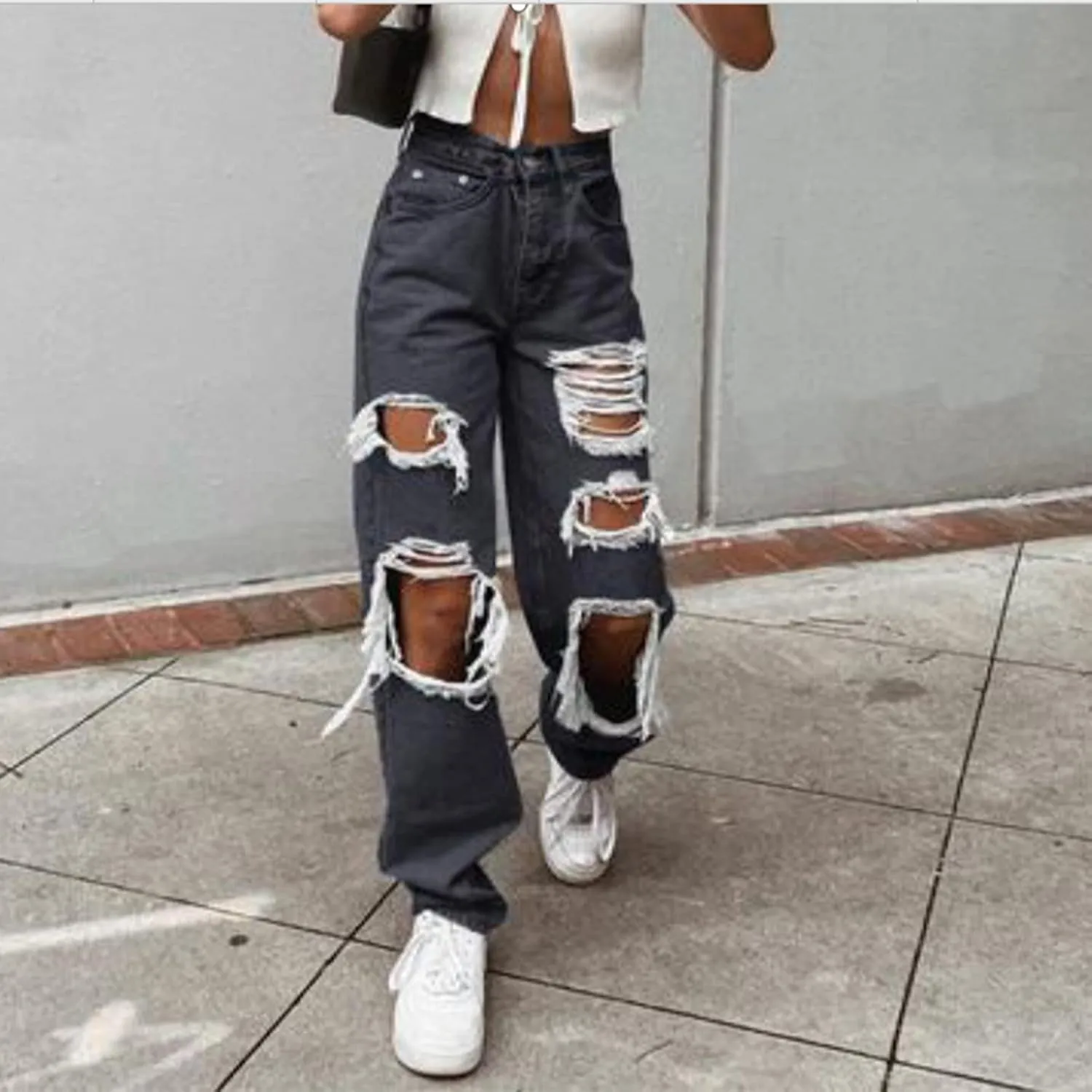 Mxiqqpltky Women Ripped Boyfriend Jeans High Waist Baggy Plus Size Aesthetics Wide Leg Denim Pants Distressed Y2K Streetwear