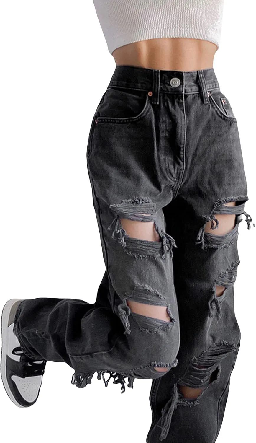 Mxiqqpltky Women Ripped Boyfriend Jeans High Waist Baggy Plus Size Aesthetics Wide Leg Denim Pants Distressed Y2K Streetwear
