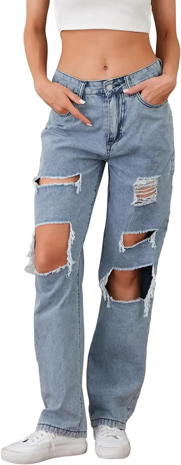Mxiqqpltky Women Ripped Boyfriend Jeans High Waist Baggy Plus Size Aesthetics Wide Leg Denim Pants Distressed Y2K Streetwear