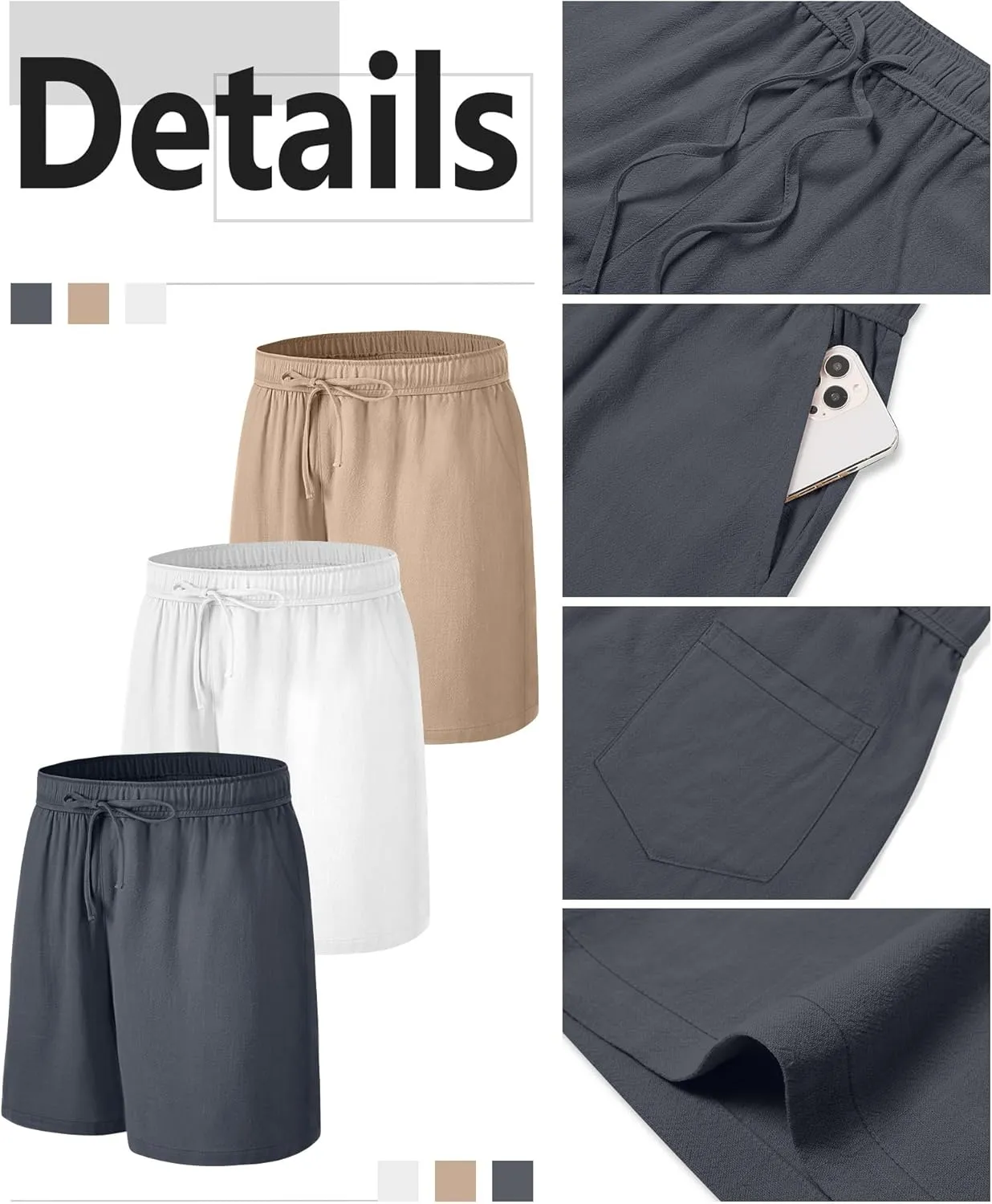 Neer 3 Pack Linen Shorts for Men Casual Beach Summer Lightweight Elastic Waist Drawstring with 3 Pockets