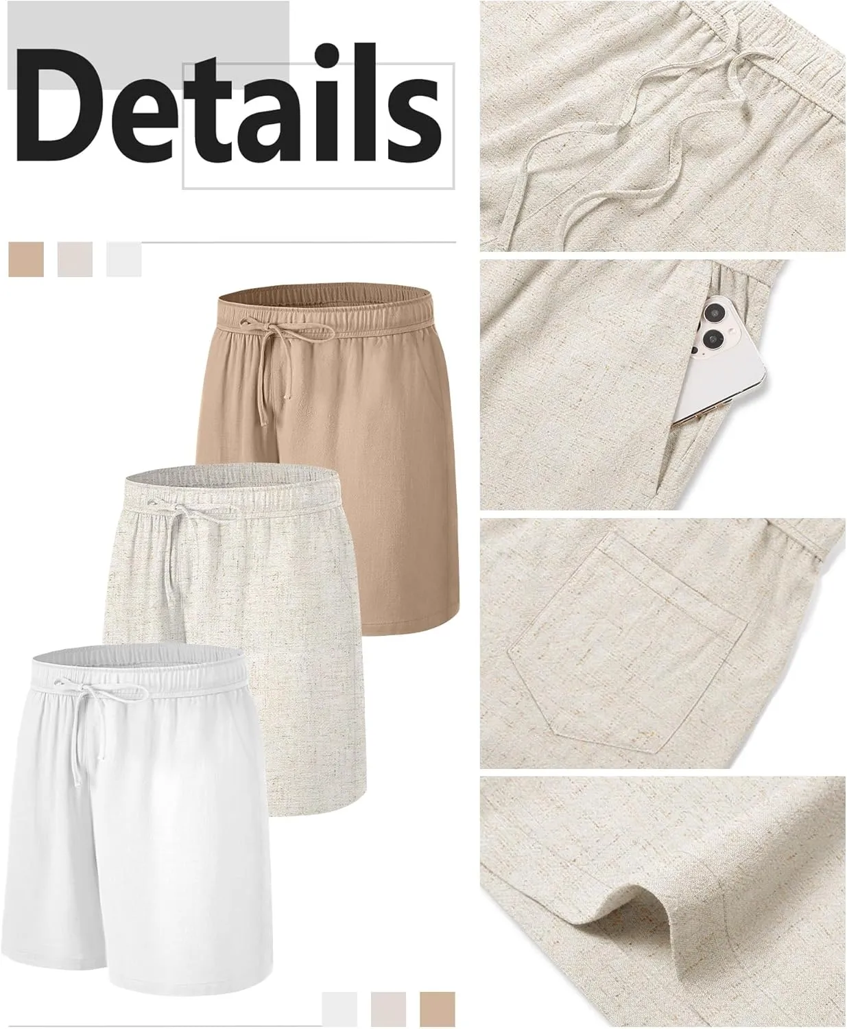 Neer 3 Pack Linen Shorts for Men Casual Beach Summer Lightweight Elastic Waist Drawstring with 3 Pockets